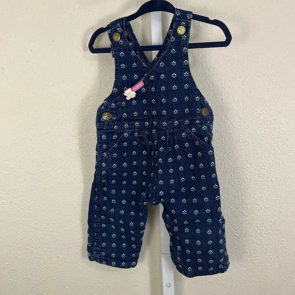 Vintage OshKosh B’Gosh Floral Print Denim Overalls 6-9M Baby Girl Vestbak